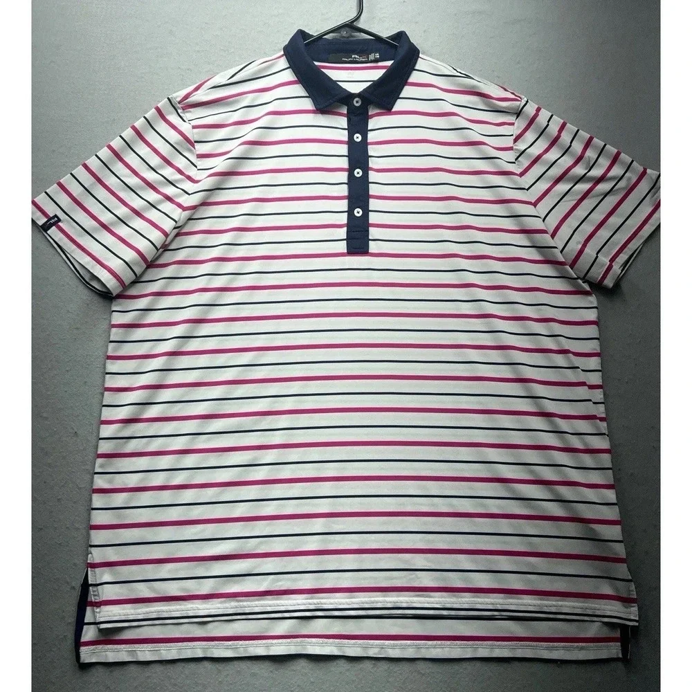 RLX Ralph Lauren Polo Shirt Mens 2XL Pink White Striped Golf Performance Pocket